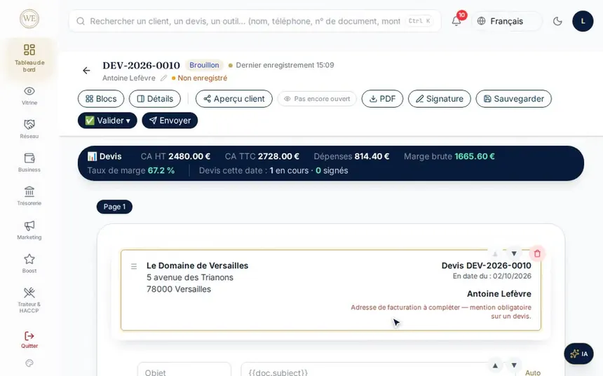 Le devis à l'écran : coût, marge et taux de marge avant l'envoi